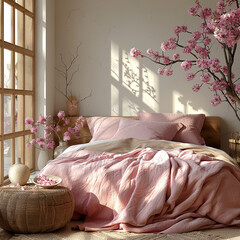 Scandinavian style interior design of modern bedroom. Bed with pink pillows and woven blanket