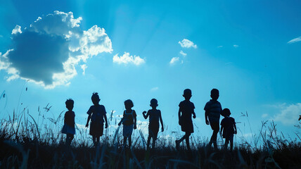 international children day background, kids silhouette in sunset and blue sky