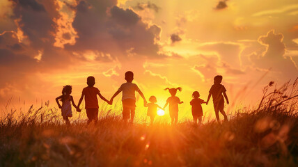 international children day background, kids silhouette in sunset and blue sky