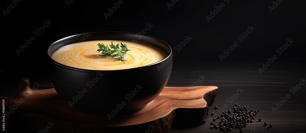 Poster A vegetable cream soup is presented in a black ceramic bowl against a backdrop of dark wood with ample copy space in the image