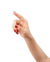 Hand pointing at screen on isolated background.