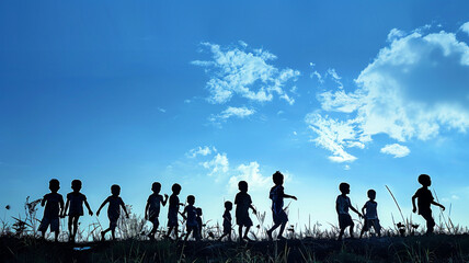 international children day background, kids silhouette in sunset and blue sky