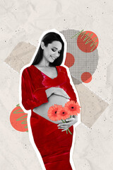 Vertical photo collage of happy pregnant girl belly receive flowers gerbera congratulations mother...