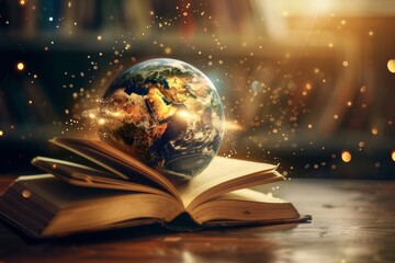 A globe with continents transforming into open books, symbolizing education as a pathway to a better world.
