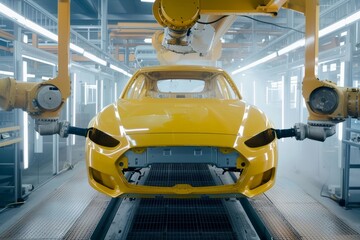 Industrial robot painting yellow body of passenger car in factory production line