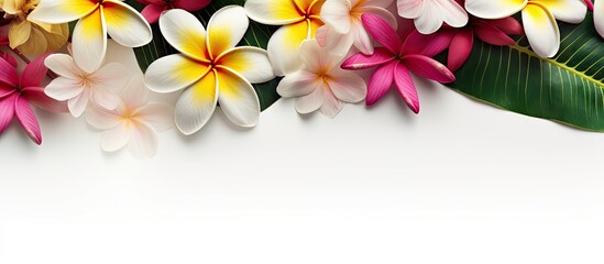 A tropical frame with a white background copy space showcases vibrant plumeria frangipani flowers palm leaves and a shell