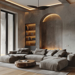 Scandinavian interior design modern living room with fan lamp on the ceiling with gray sofa	