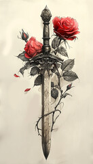 black and white drawing of a sword with red roses and a snake