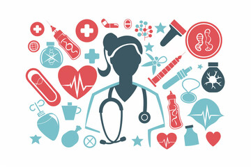 Creative composition of medical and nursing symbols centered around a nurse silhouette