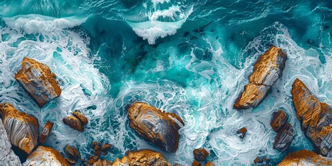 Topdown aerial view of turquoise waves offset by the colourful rocks