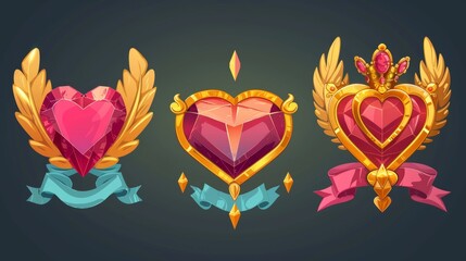 A set of heart-shaped game rank frames isolated on a white background. A red diamond gemstone is decorated with golden wings, silk flags, flags, ribbons, and royal crowns.