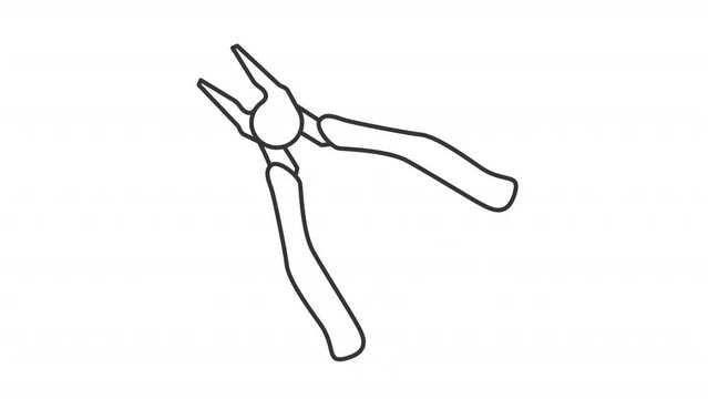 Animated pliers icon. Gripping tool line animation. Hand crafting tool. Workshop equipment. DIY tool. Black illustration on white background. HD video with alpha channel. Motion graphic