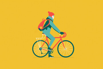 Vibrant illustration of cyclist with yellow background in an active lifestyle cycling scene. Perfect for outdoor leisure and eco-friendly transportation