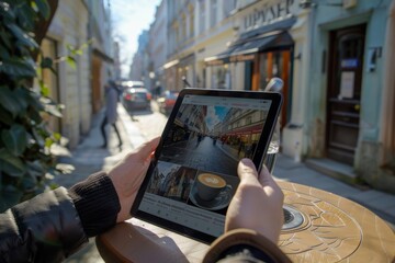 Man enjoying coffee at street cafe while reading latest news on tablet from online news website