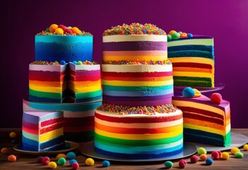 vibrant rainbow cake layers displayed towering formation, baked, bakery, celebration, centerpiece, confectionery, creation, culinary, delicious, design