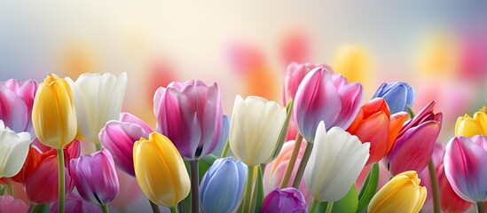 Tulips arranged in a picturesque composition with a blank space for an image. Copy space image. Place for adding text and design