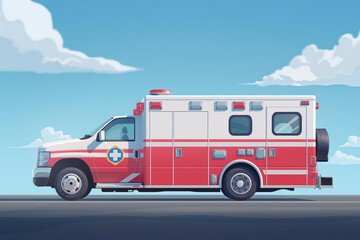 Naklejka premium Illustration of a red and white ambulance speeding to an emergency scene under a clear blue sky