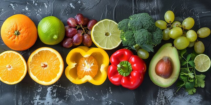 Mixed raw produce with oranges, bell peppers, broccoli, limes, grapes, avocado and cilantro - Powered by Adobe