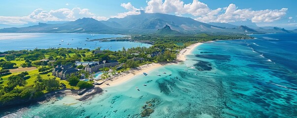 Aerial drone view of 5 star resort Shangri - La Le Touessrok with sandy beach, white villas, sailing boats and mountain range in the background, Ilot Lievres, Flacq, Mauritius