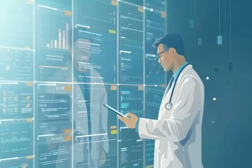 Doctor analyzing medical data - health data management - visual data design element