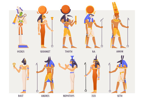 Vector illustration of Egyptian gods, in a cartoon style, on a light background, depicting ancient mythology. Vector illustration