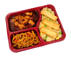 Chinese chicken and black bean sauce ready meal with egg fried rice, vegetable chow mein and spring rolls