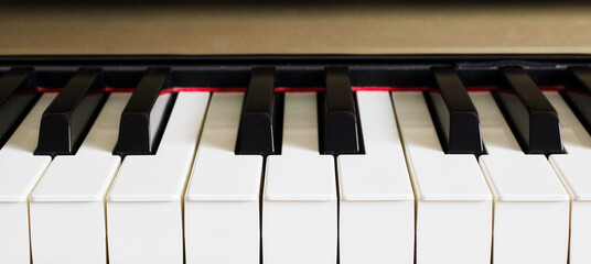 Piano keyboard background with selective focus. Cool color toned image. Piano keys side view with...