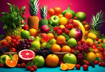 illustration, colorful fruit vegetable arrangements still life compositions, agriculture, art, beautiful, bright, citrus, corn, creative, culinary