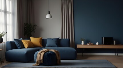 Two knitted poufs near dark blue corner sofa. Scandinavian home.generative.ai
