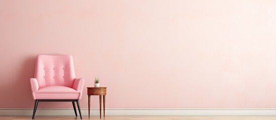 An empty room with white walls features a retro chair adorned with pastel pink upholstery complemented by a wooden table There is copy space available in the image