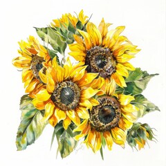 Watercolor painting of a vibrant bouquet of sunflowers basking in the sunlight, on isolated white background, Generative AI