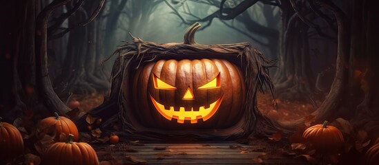 A Halloween Jack O Lantern illuminates the fantasy night surrounded by a dramatic wooden frame creating a captivating and atmospheric image with copy space