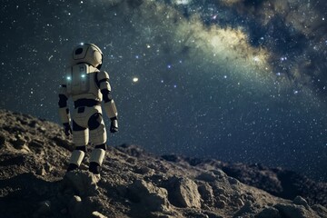 Fototapeta premium Futuristic humanoid robot explores an unknown rocky surface under a starry sky