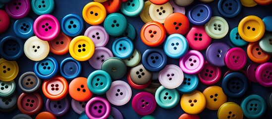 Fototapeta premium A vibrant backdrop of sewing buttons perfect for showcasing an image or text. Copy space image. Place for adding text and design