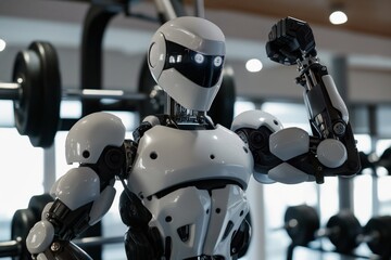 Humanoid robot lifting weights in a modern gym setting, showcasing technology strength