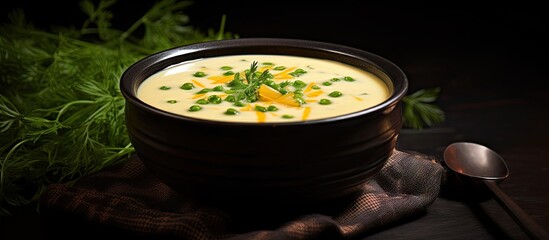 A vegetable cream soup is presented in a black ceramic bowl against a backdrop of dark wood with ample copy space in the image
