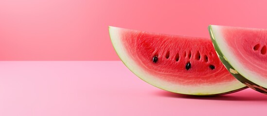 A watermelon slice rests on a vibrant pink background perfect for summer with space available for adding text. Copy space image. Place for adding text and design