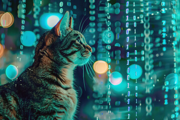Tabby cat amidst flowing digital data streams in a vibrant cyber environment.