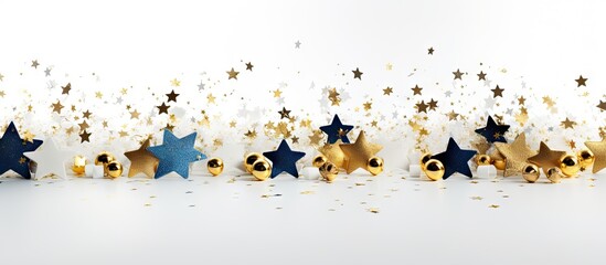 A festive holiday backdrop portrays a white background adorned with golden and blue ornaments embellished with stars and bows ideal for copy space image
