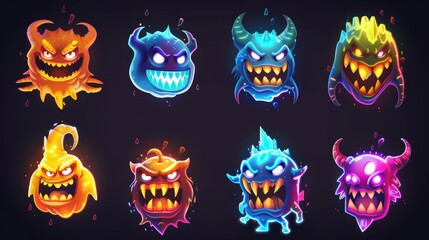 Animated cartoon neon color monsters isolated on black background. Cartoon aliens with beautiful faces. Scary Halloween monsters. Comical furry sweet mascots.