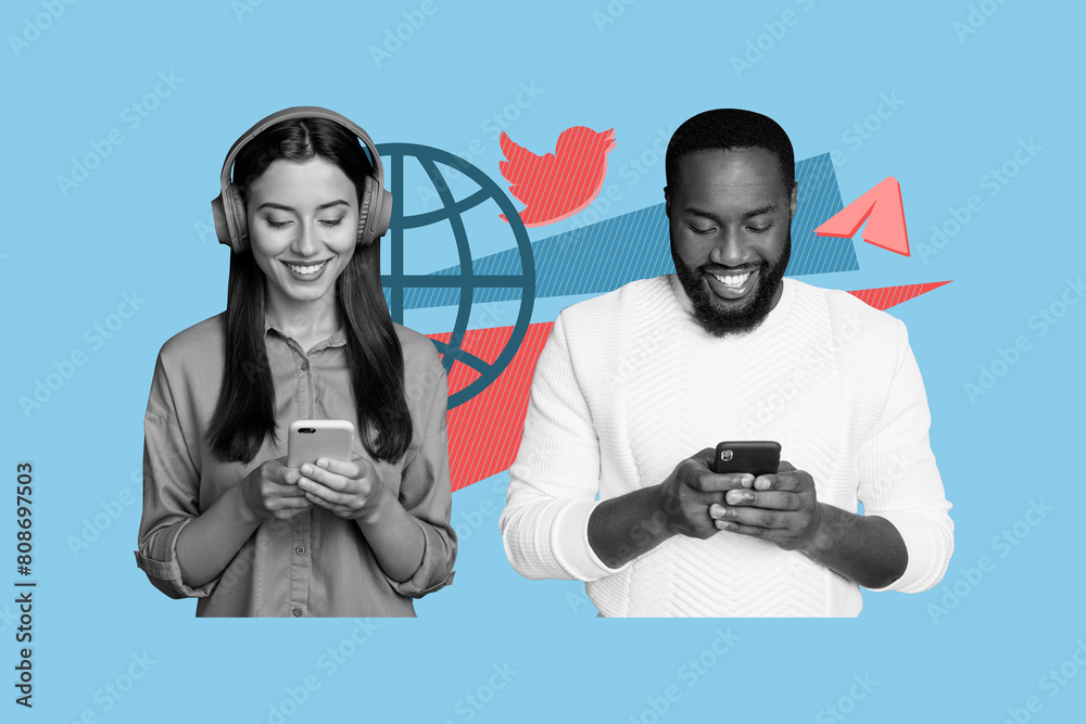 Poster creative collage young smiling people social media users twitter messenger app internet web connecti