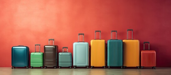 Fototapeta premium There is a stylish arrangement of vibrant suitcases placed by a brightly lit wall allowing room for copy space image