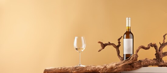 Copy space image of a beige background with white wine and an old snag