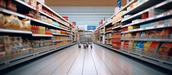 Grocery store interior with shopping cart and store shelves displaying a commonly seen image during grocery shopping. Copy space image. Place for adding text and design