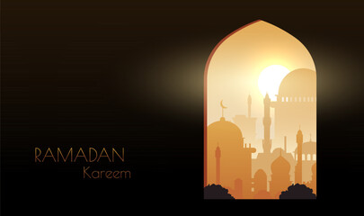 A silhouette of a mosque and minarets against a sunset, in a flat graphic style, with RAMADAN Kareem text. Vector illustration
