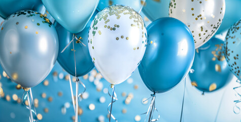Birthday Background with Blue and White Balloons and Gold Confetti. Party Decorations