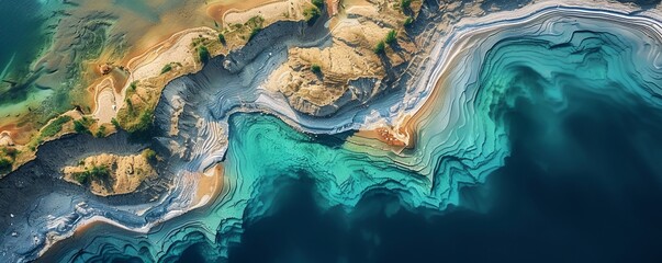 Aerial view of abstract water formation along the coastline of Elton Lake, a large salt lake with...