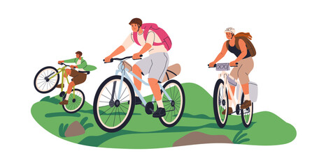 Family bicycle ride, active travel vacation. Mom, dad, child tourists cycling together. Healthy outdoor activity, sport, adventure on bikes. Flat vector illustration isolated on white background