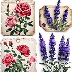 Beautiful vintage paper tag set with lovely roses and lavender -Generative AI