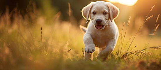 A young and adorable purebred Labrador Retriever dog puppy is playing outdoors providing a charming...